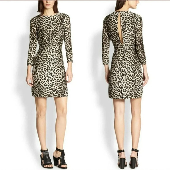Rag & Bone Short Leopard 100% Silk Dress Keyhole 3/4 Sleeve Fitted Lined Size 8 - Picture 2 of 11